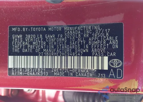 2017 Toyota Corolla Le из США, поврежденный, VIN 2T1BURHE2HC948547